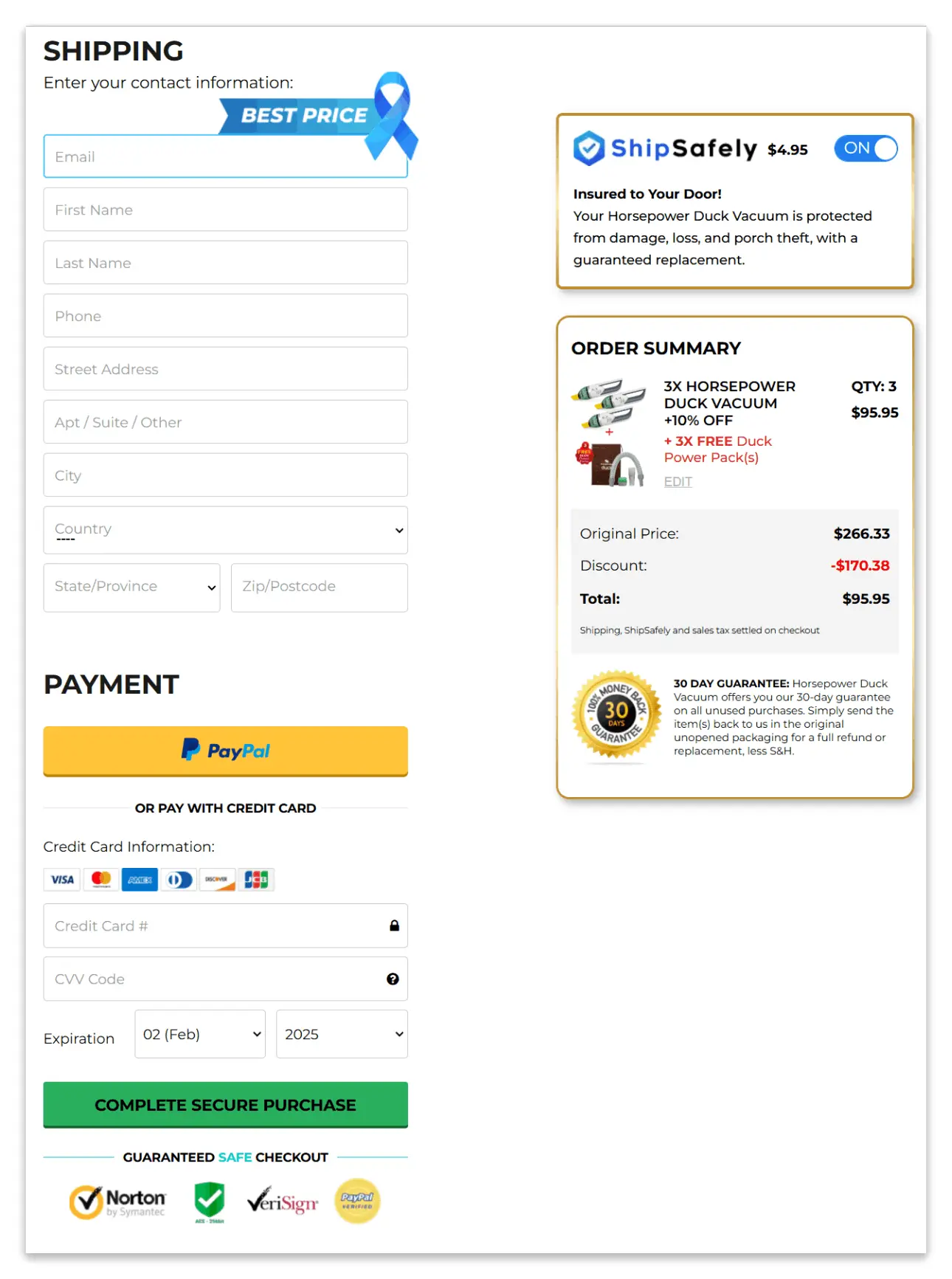 Horsepower Duck Vacuum secure checkout page